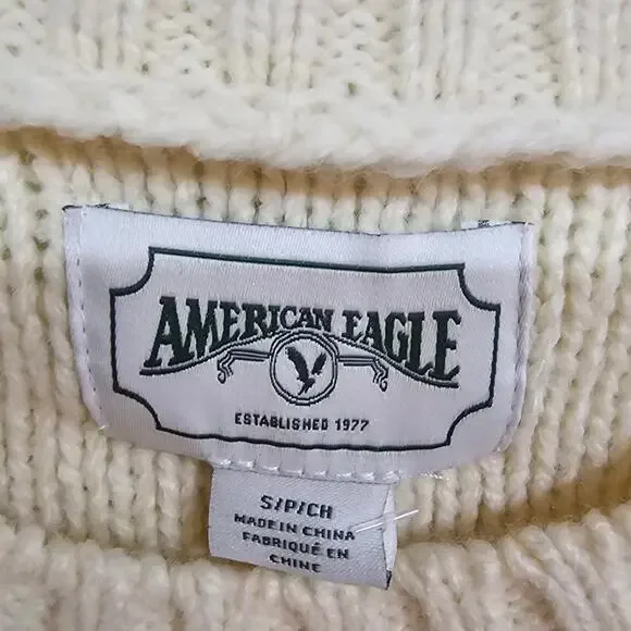 American Eagle Cream Cable Knit Fringe Sweater Women’s Size S - Picture 4 of 6
